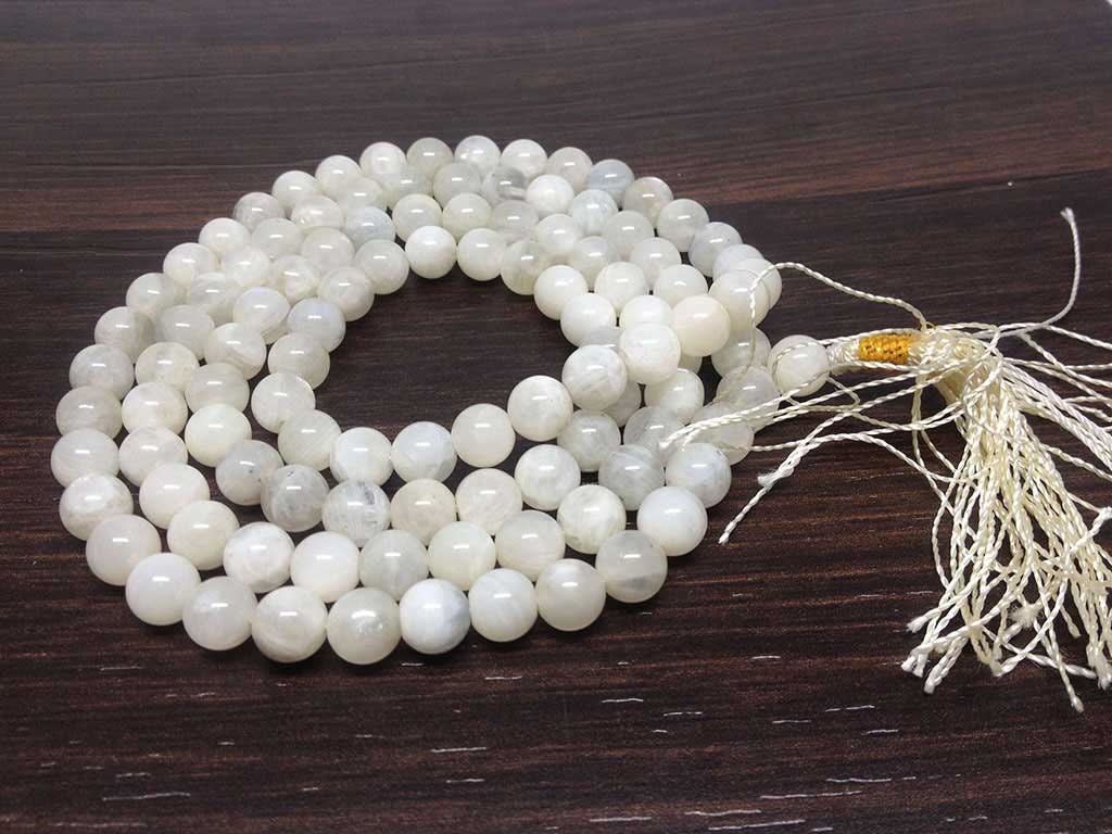 White Rainbow Moonstone Mala With 108 Prayer Beads. DestGlow