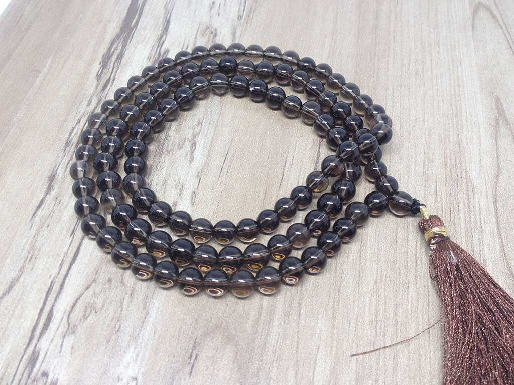 Smokey Quartz Gemstone Mala, 108 Prayer Bead Mala. DestGlow