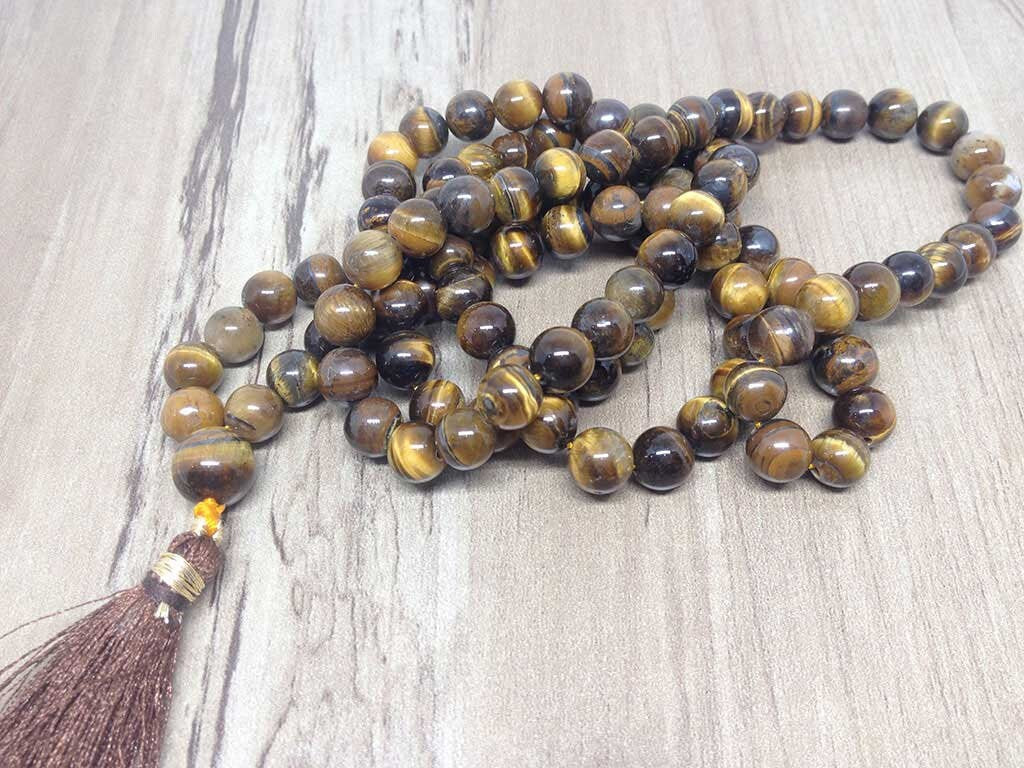 One (1) Natural 8mm Tiger Eye Mala With 108 Prayer Beads For Mediation Tibetan Mala Tiger Eye Jap mala Necklace ~ JP540 DestGlow