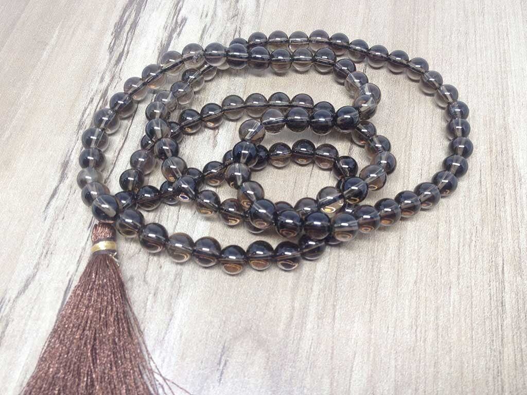 Smokey Quartz Gemstone Mala, 108 Prayer Bead Mala. DestGlow