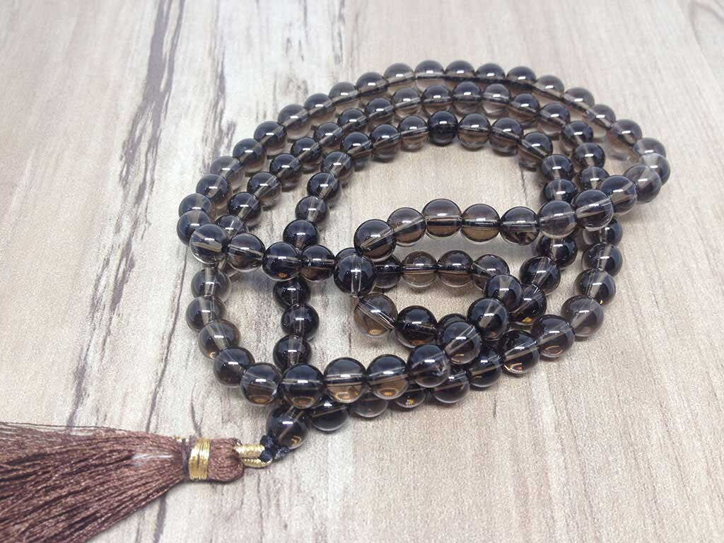 Smokey Quartz Gemstone Mala, 108 Prayer Bead Mala. DestGlow