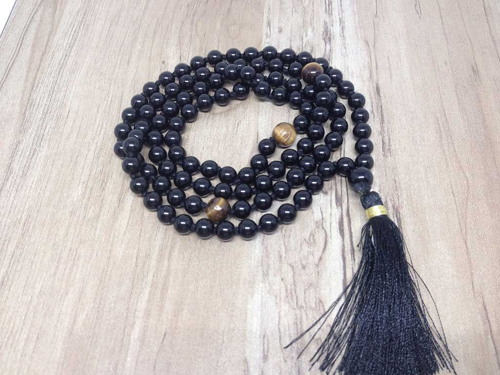 One (1) Natural 6mm Black onyx With 3 Tiger Eye Beads Knotted Mala With 108 Prayer Beads For Mediation Tibetan Mala Jap Mala ~ JP109 DestGlow