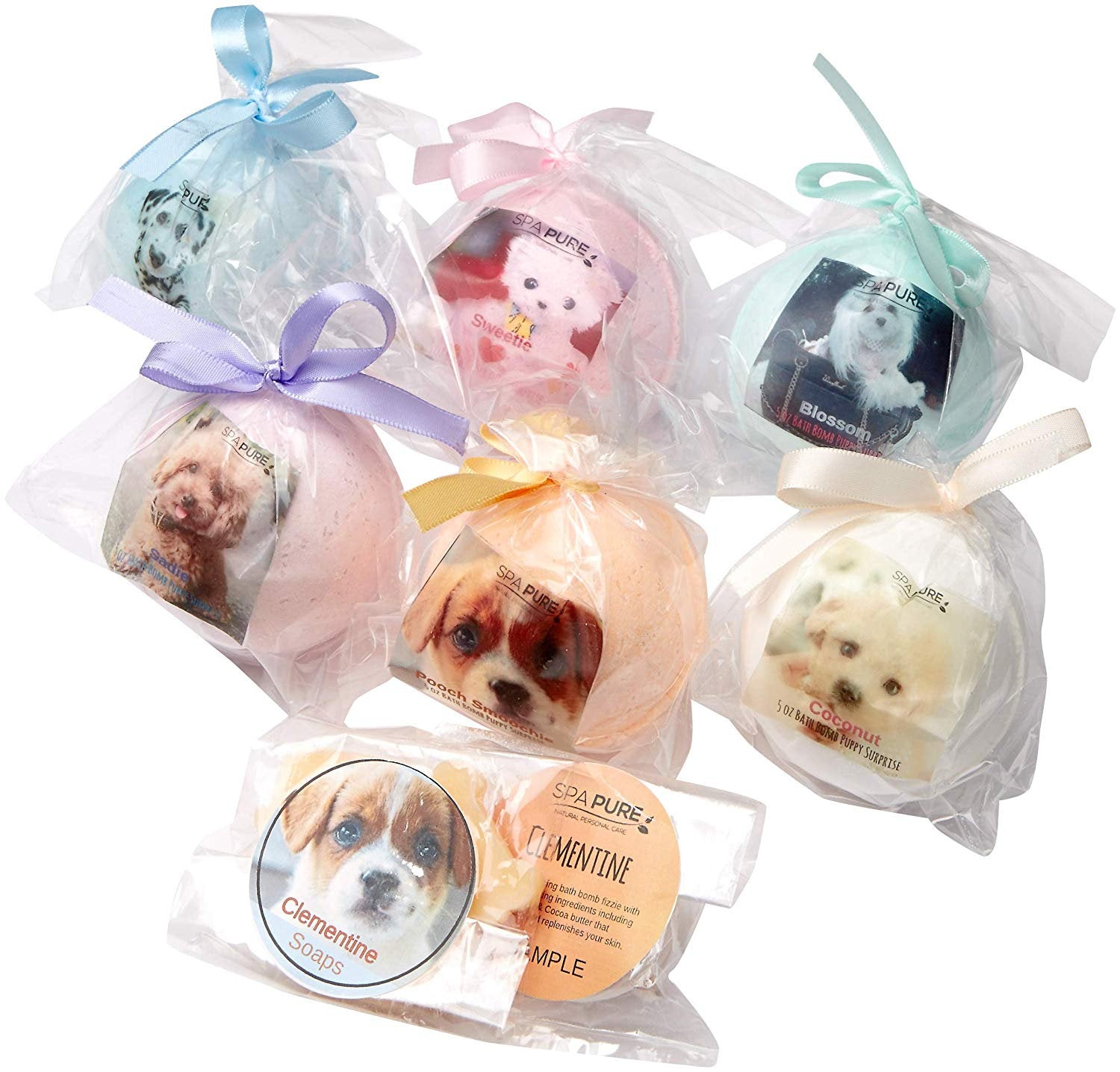 Adorable Kids Bath Bomb Gift Set, 6 Bath Bombs with (ADOPT-A-PUPPY) toys inside by Spa Pure