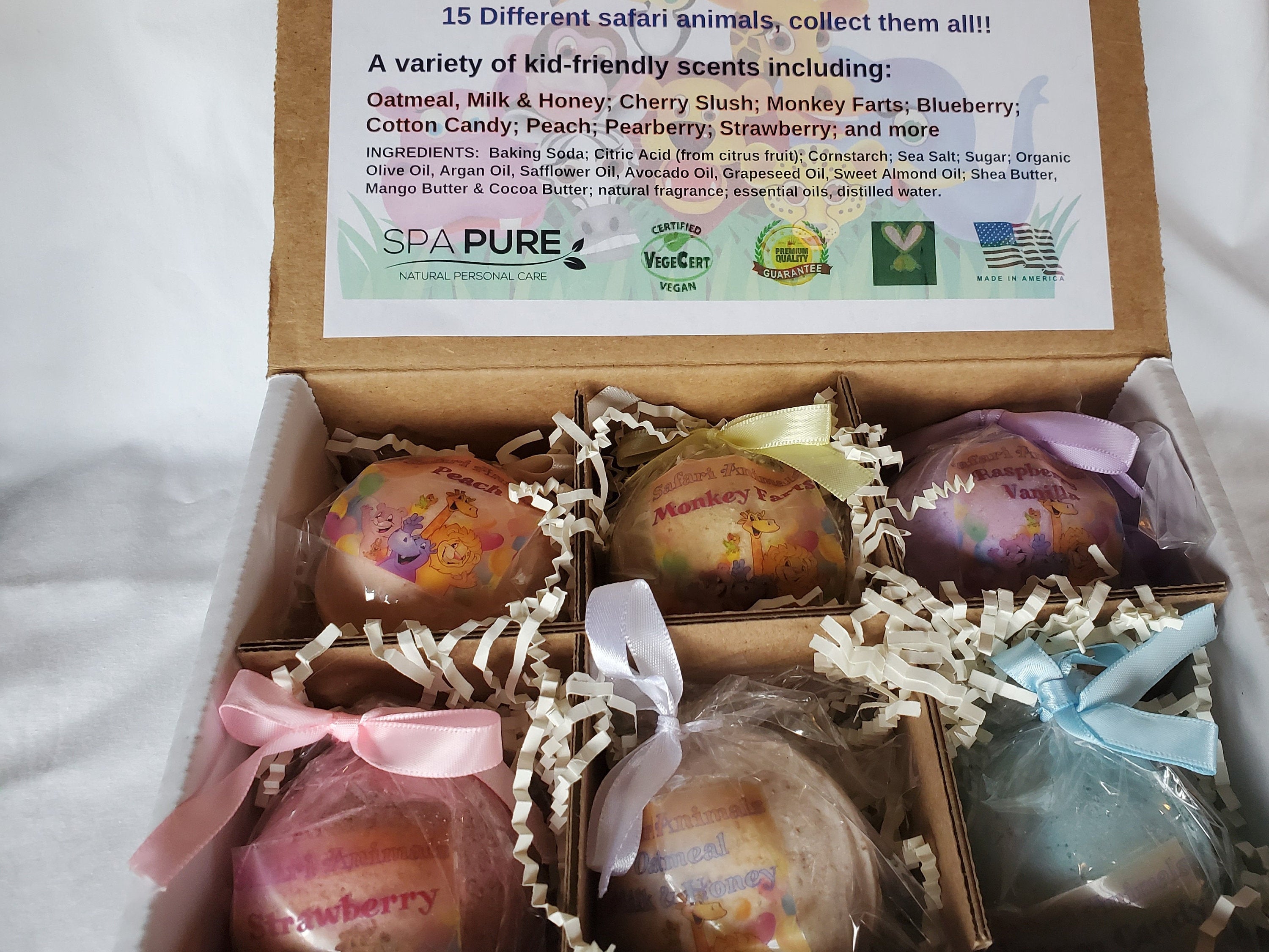 GIFT SET with 6 SAFARI Animals Bath Bombs with "Surprise" Jungle Animals inside by Spa Pure