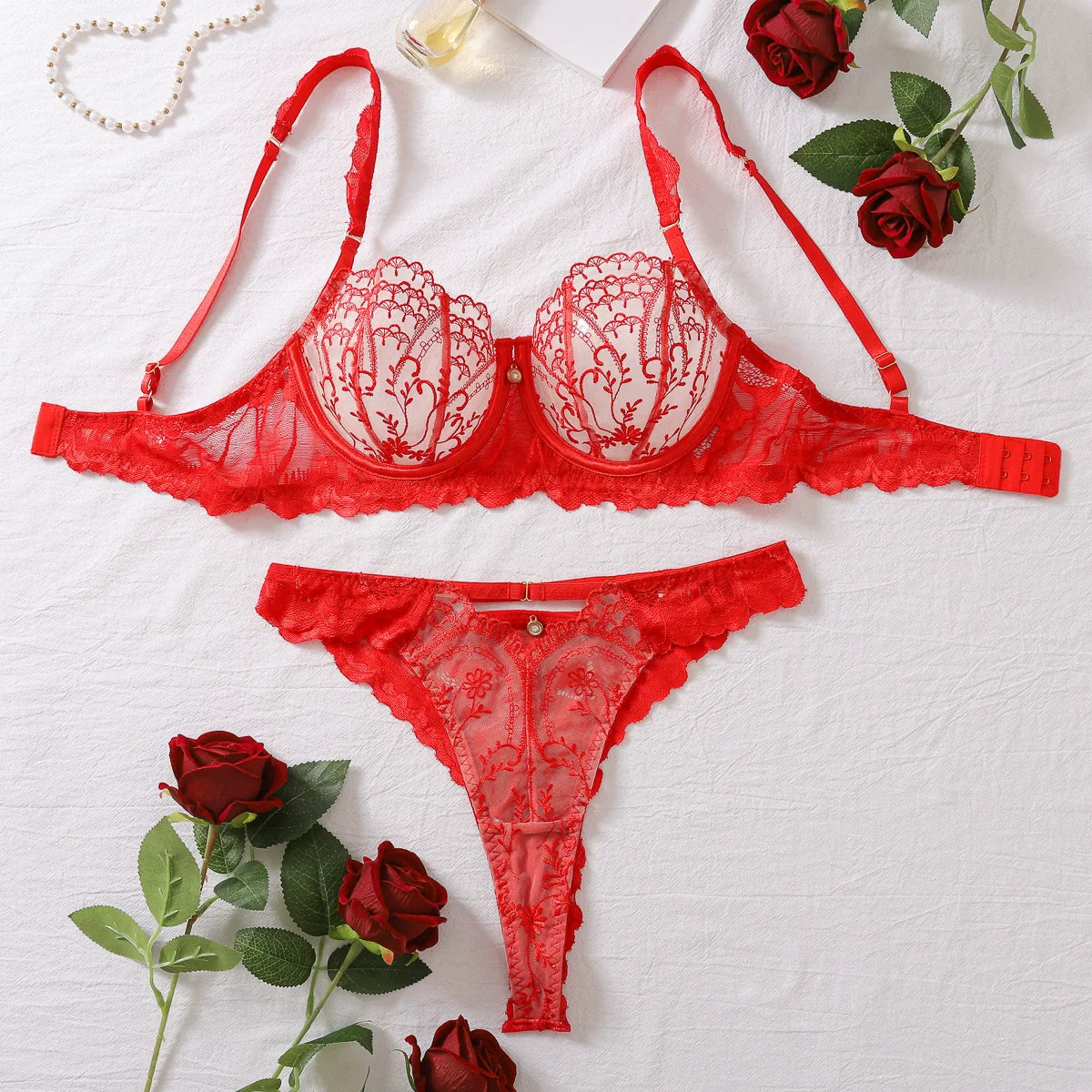 Ruby Romance Embroidered Lace 2 Piece Lingerie Set - DestGlow