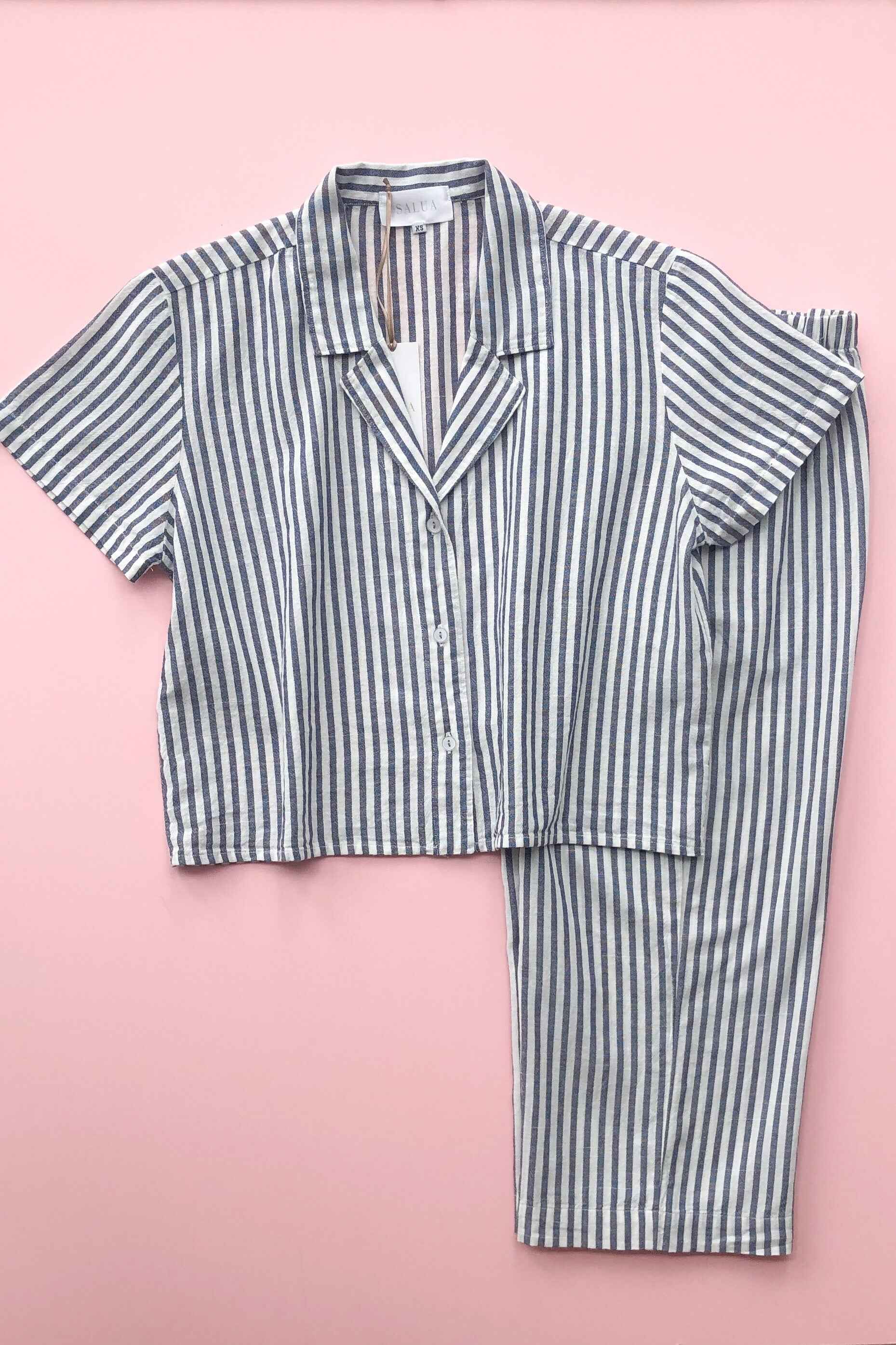 Cropped Button Down-High Waisted Striped Capri