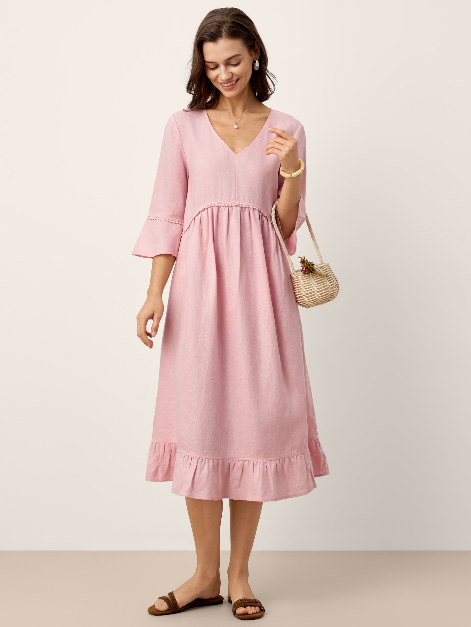 100% Linen V-Neck Ruffle Hem Midi Dress with Crochet Trim MARTHA by LINTICO