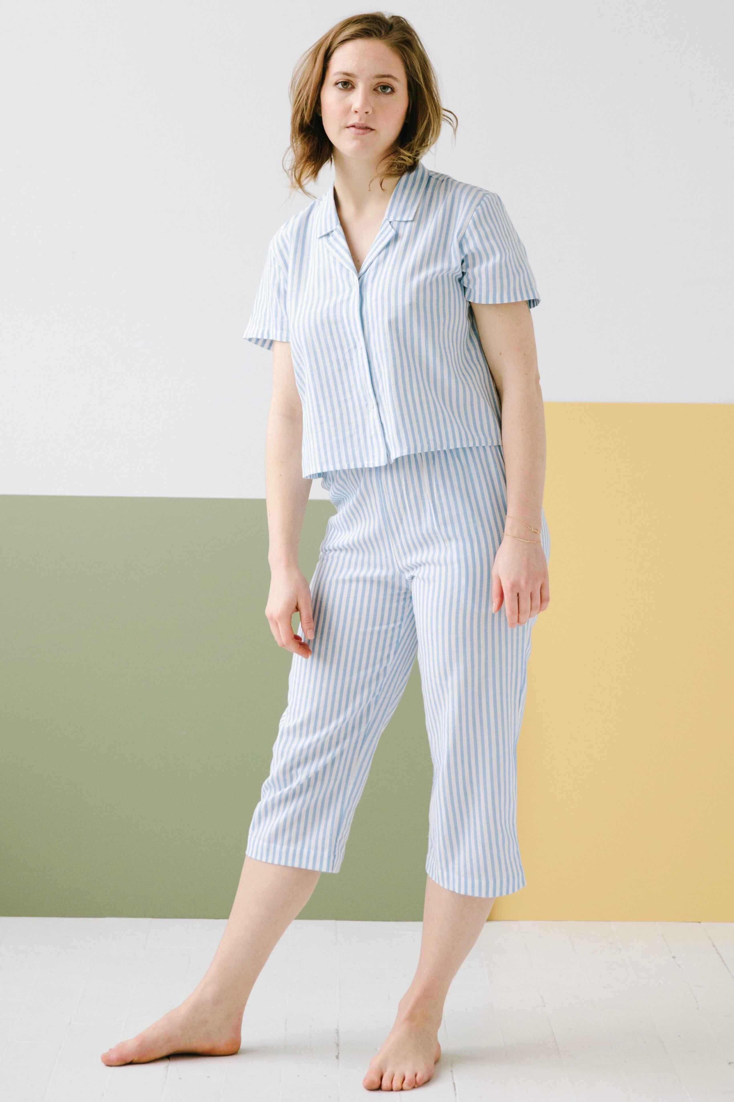 Cropped Button Down-High Waisted Striped Capri