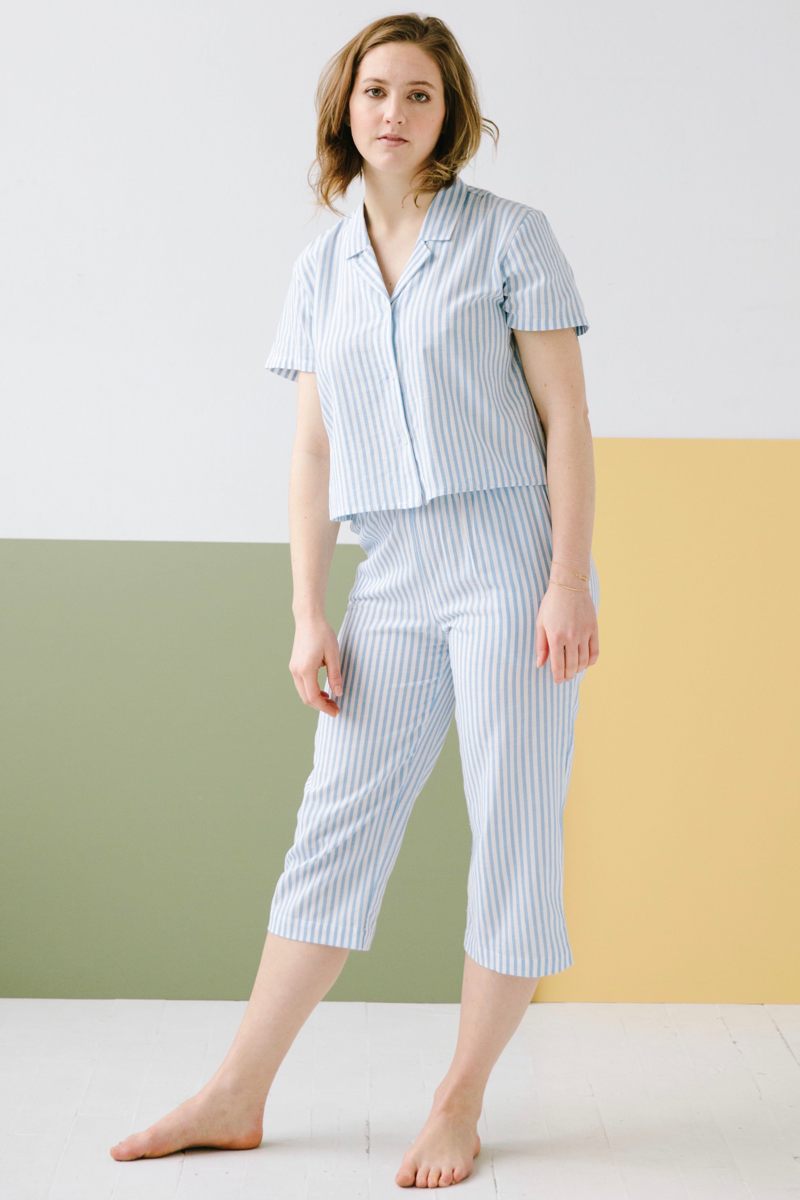 Cropped Button Down-High Waisted Striped Capri - DestGlow