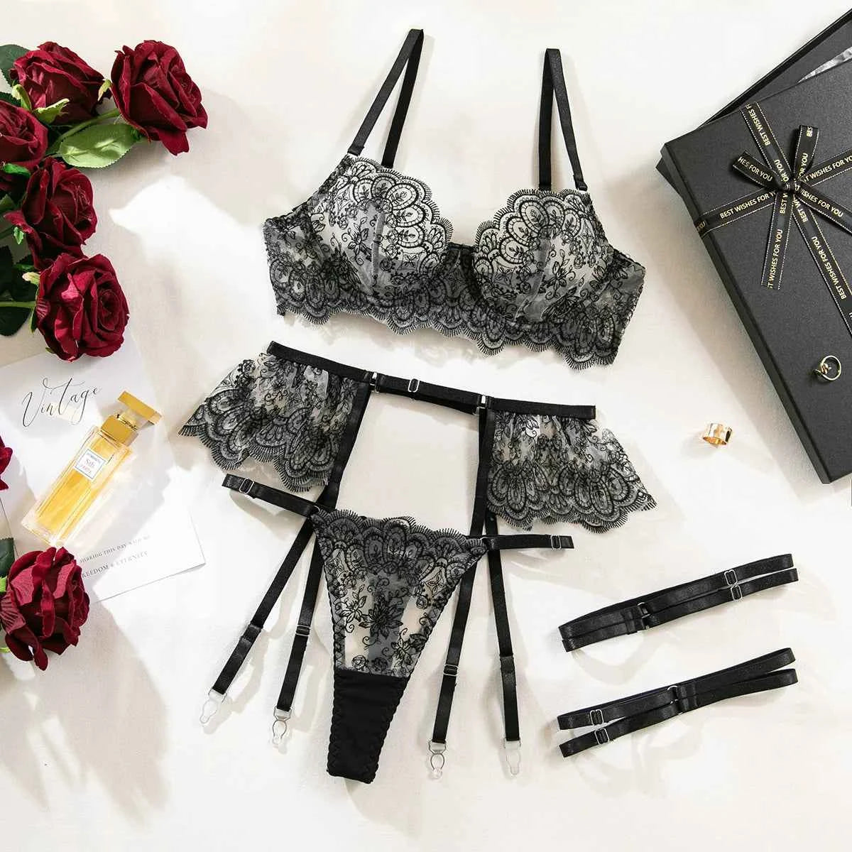 Carmen Lace Lingerie 4 Piece Set Black