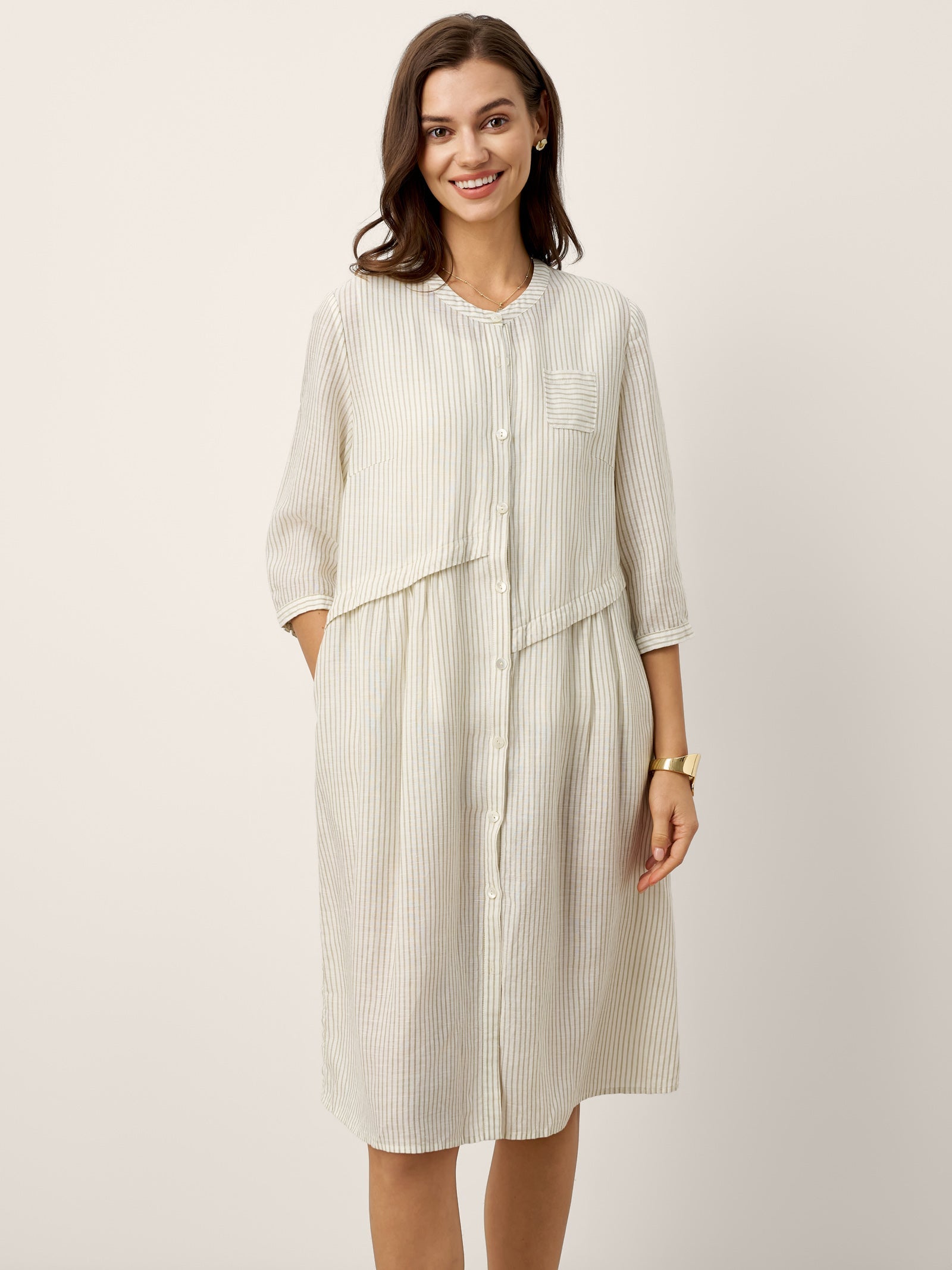 Linen-Lyocell Deconstructed Asymmetric Front Pleat Midi Dress EULALIE by LINTICO