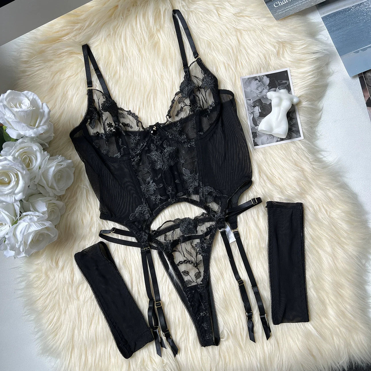 Noir Enchantress Embroidered Lace 3 Piece Bodysuit by Lingerie By Coco