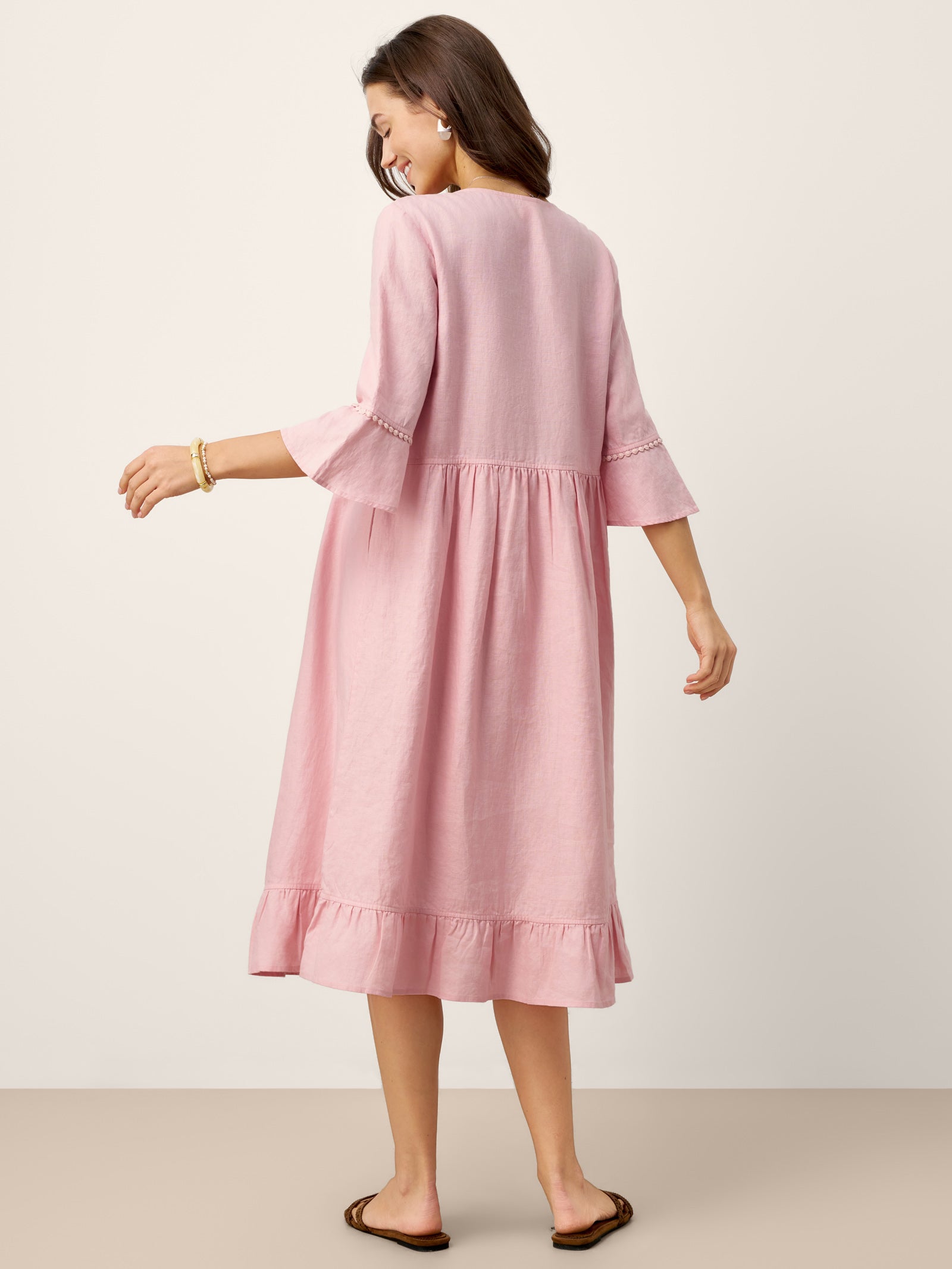 100% Linen V-Neck Ruffle Hem Midi Dress with Crochet Trim MARTHA by LINTICO