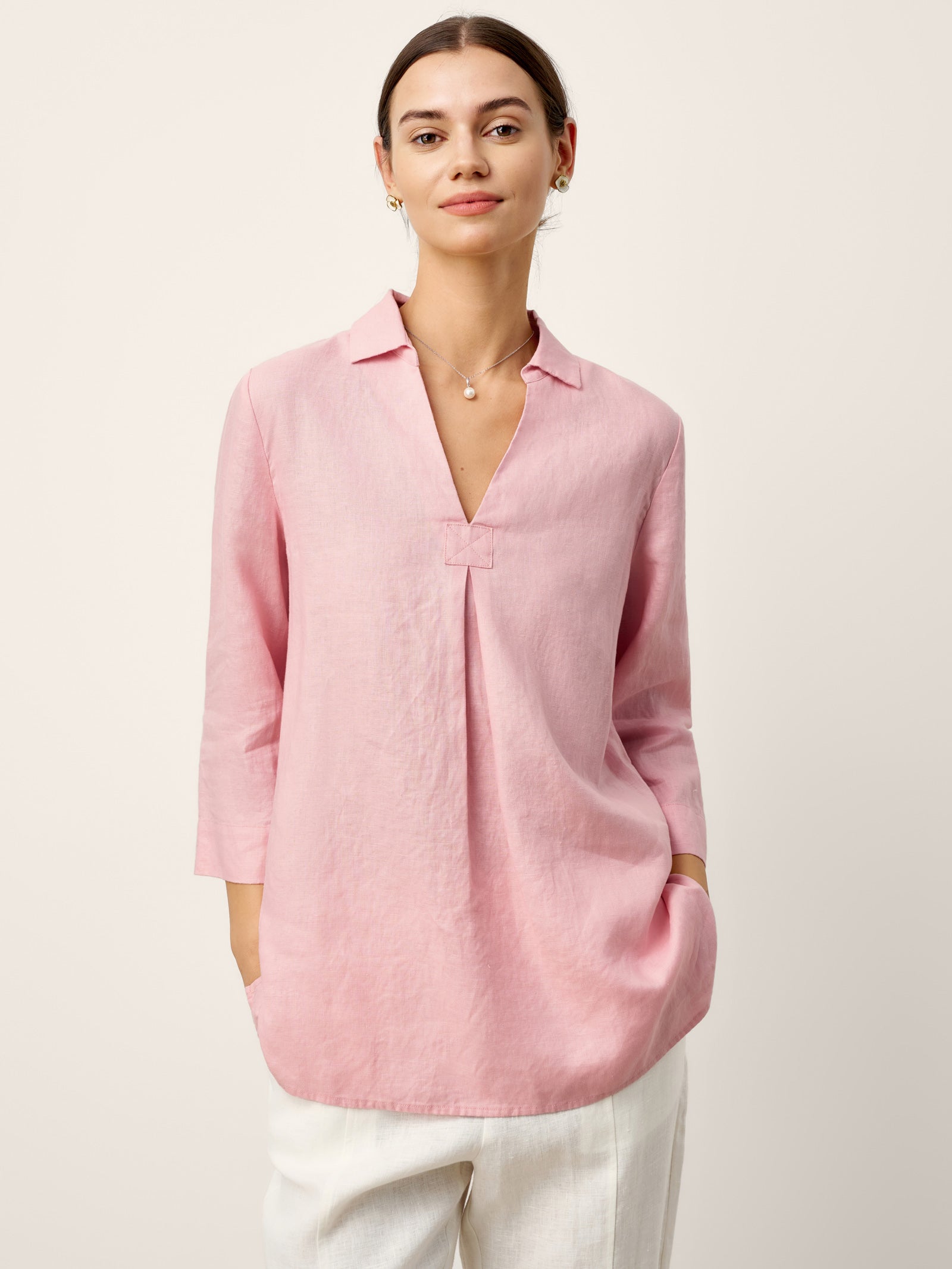 100% Linen Layered Lapel V-neck Sculpted Front Pleat Longline Top ODALYS DestGlow