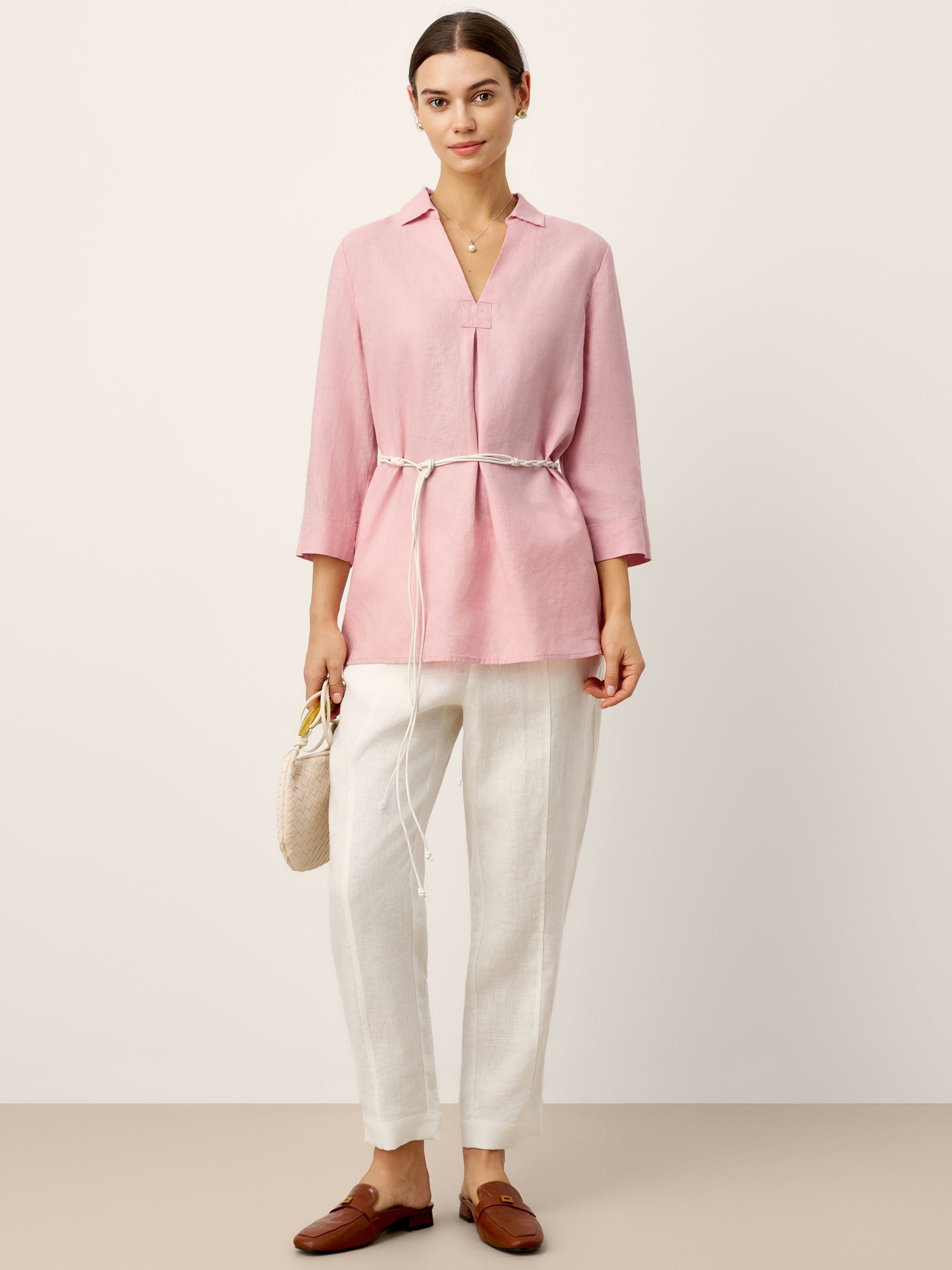 100% Linen Layered Lapel V-neck Sculpted Front Pleat Longline Top ODALYS DestGlow