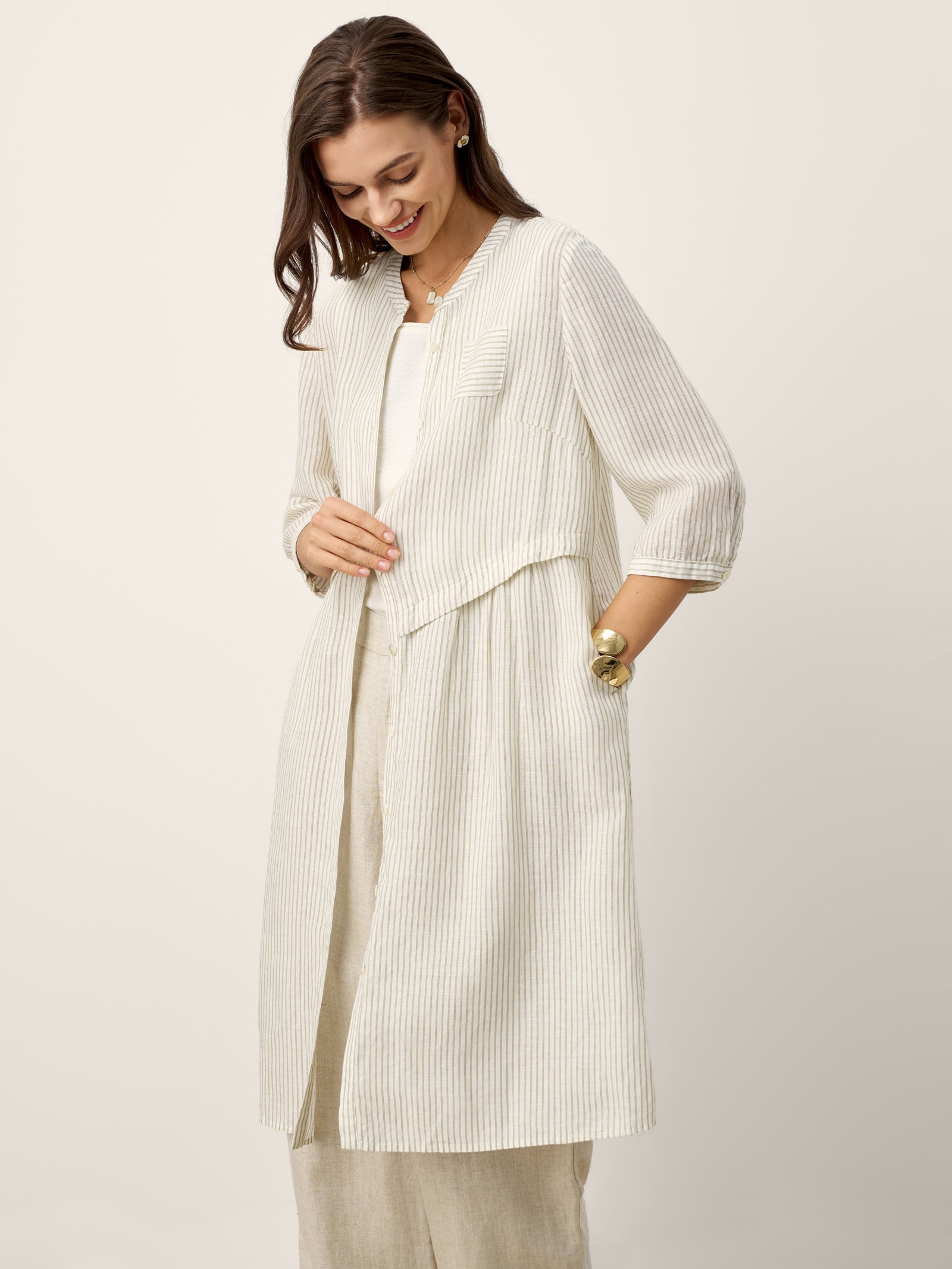 Linen-Lyocell Deconstructed Asymmetric Front Pleat Midi Dress EULALIE by LINTICO