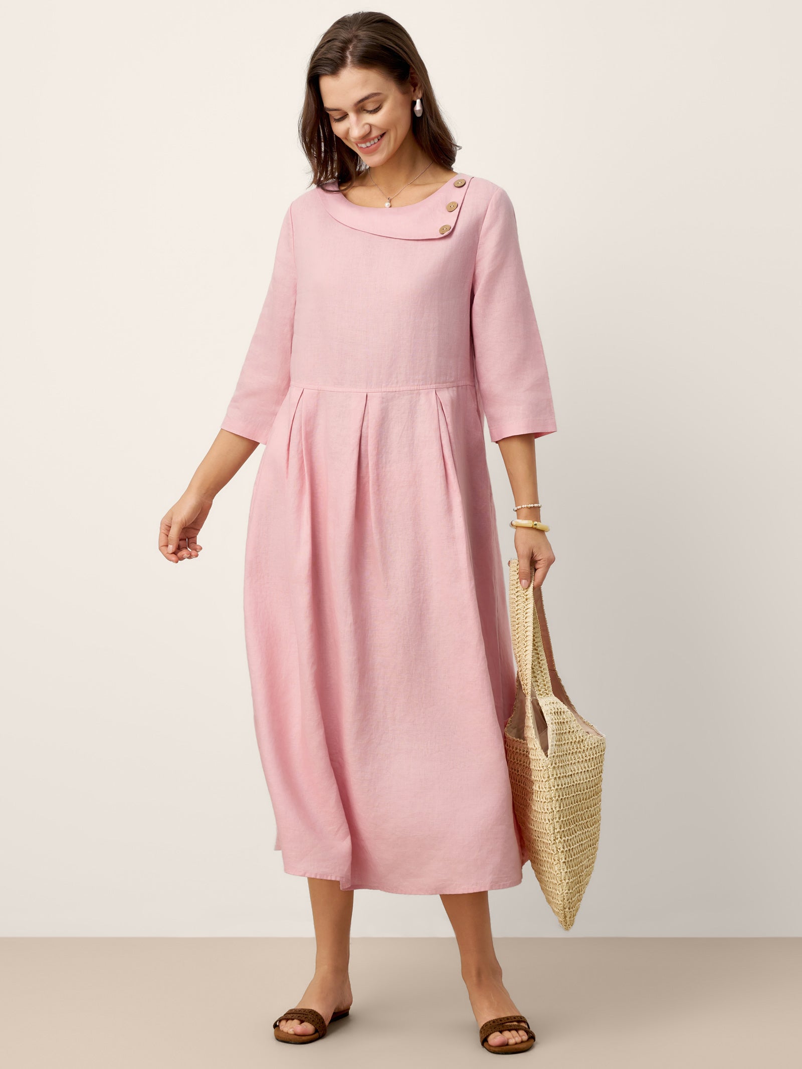 100% Linen Crescent Neck Decorative Button Waist Pleated Midi Dress GWENYTH DestGlow