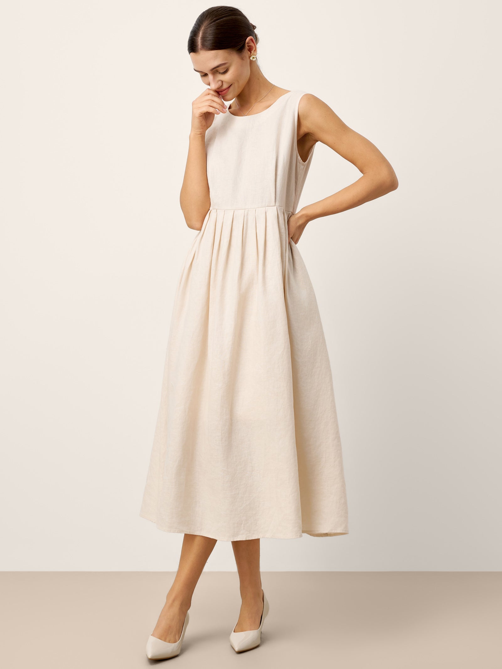 100% Linen Sleeveless Crew Neck Waist Pleated Maxi Dress SELENE by LINTICO