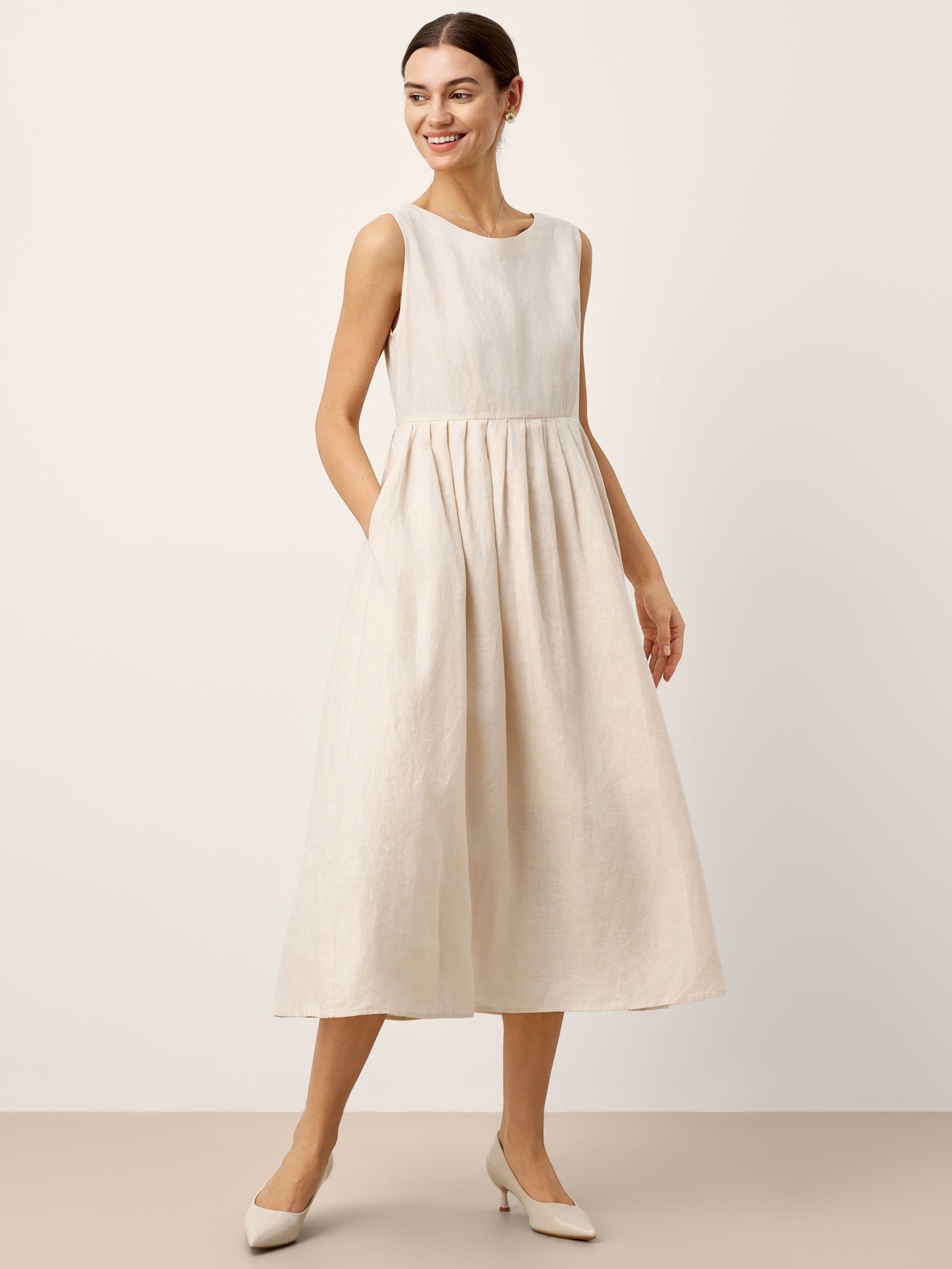 100% Linen Sleeveless Crew Neck Waist Pleated Maxi Dress SELENE by LINTICO