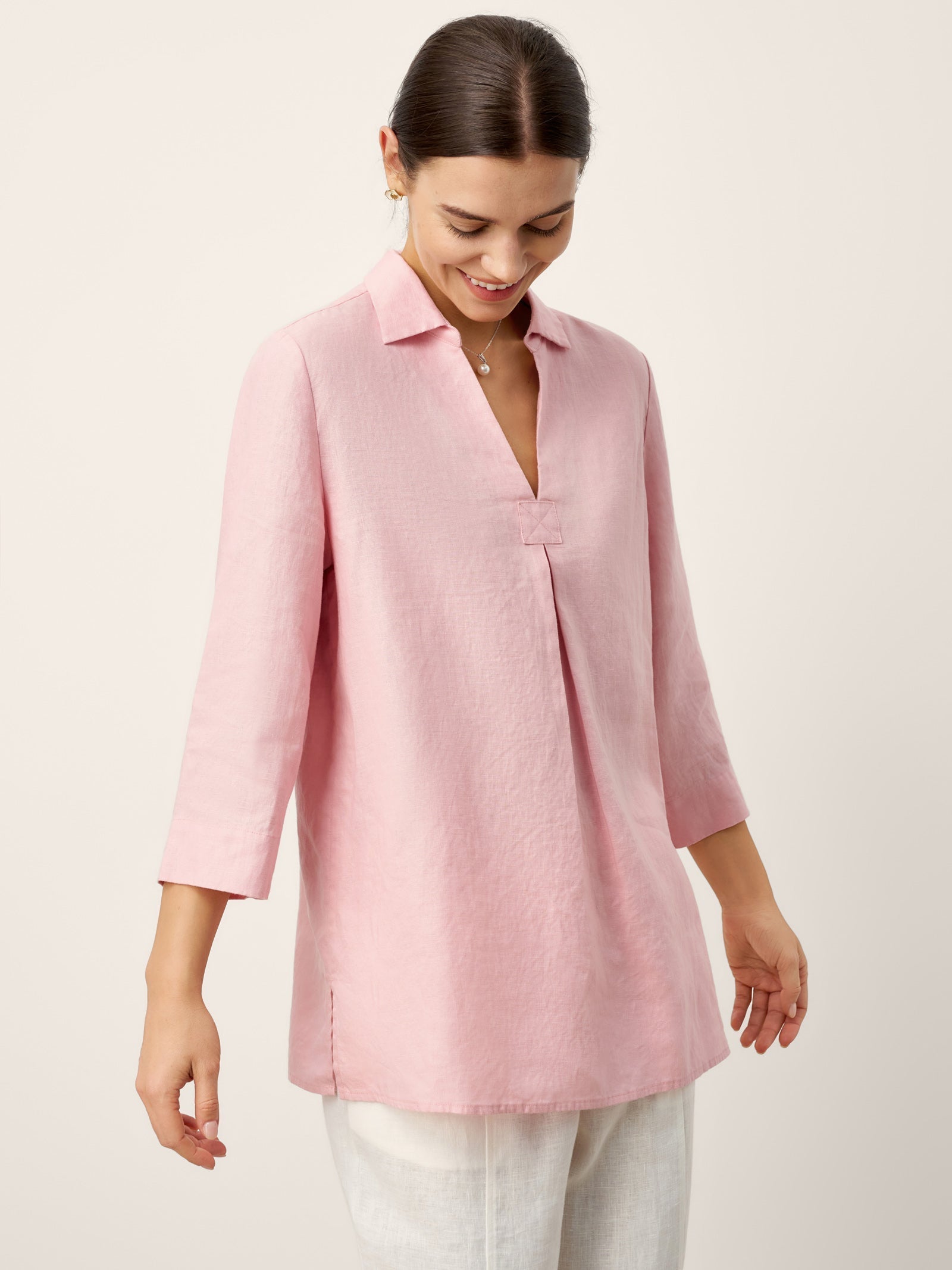 100% Linen Layered Lapel V-neck Sculpted Front Pleat Longline Top ODALYS DestGlow