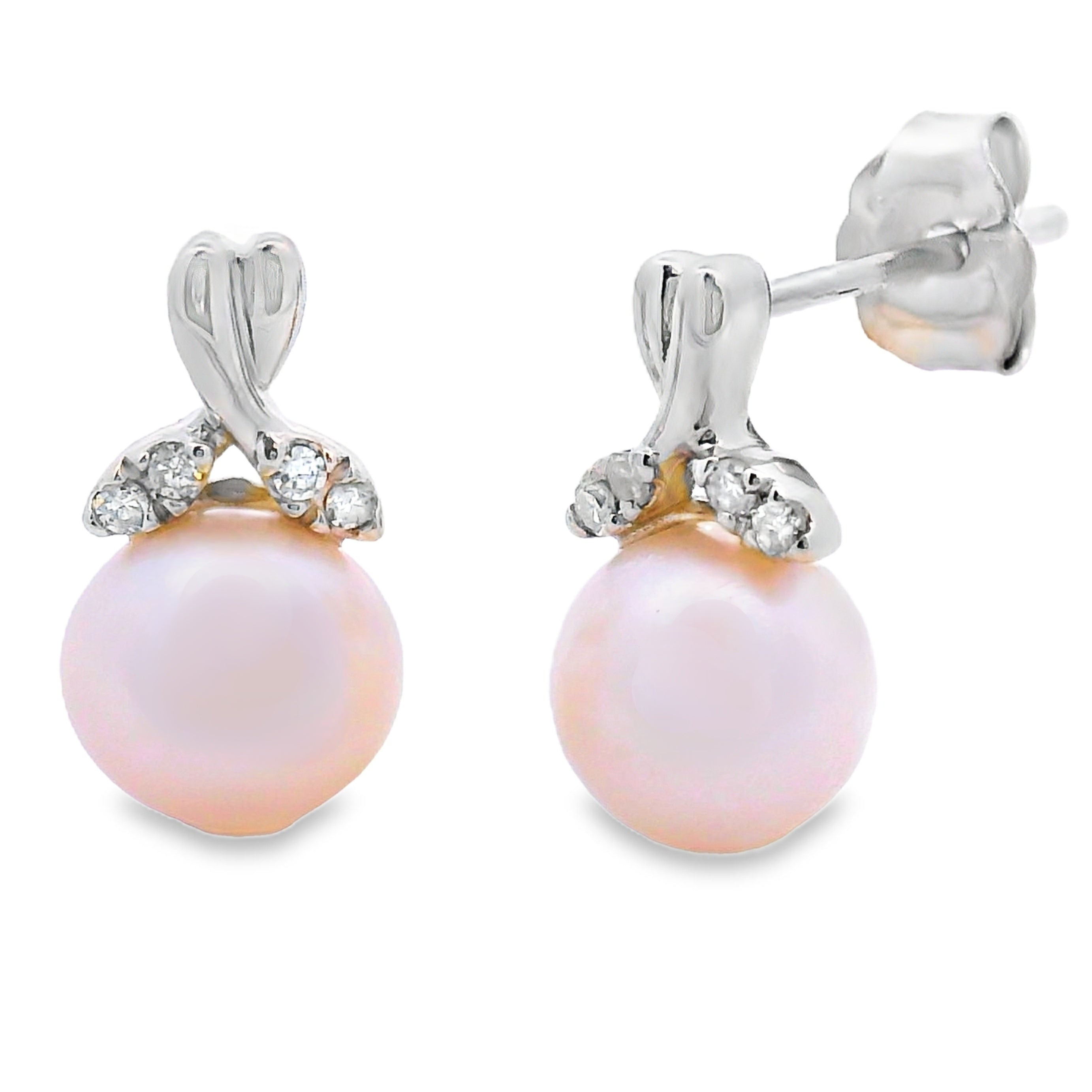 Natural .05ct FW Pearl Diamond Earrings 10KT White Gold by Bids.com
