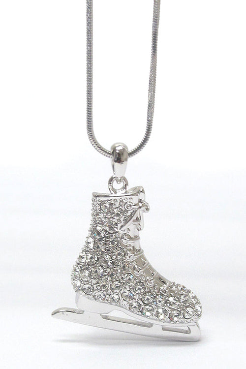 Crystal Ice Skating Shoe Necklace - White Gold Plated Sports Pendant 16"