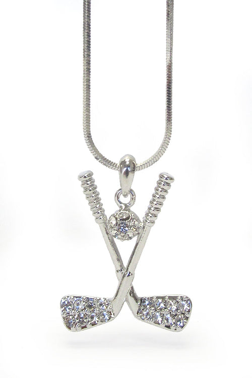 Crystal Golf Pendant Necklace - White Gold Plated Sports Jewelry 16"