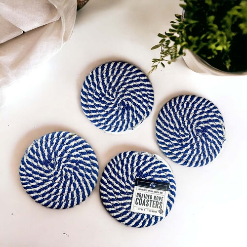 Braided Cotton Coasters 4-Pack - Candy Cane Stripe Pattern (Black, Red or Blue)