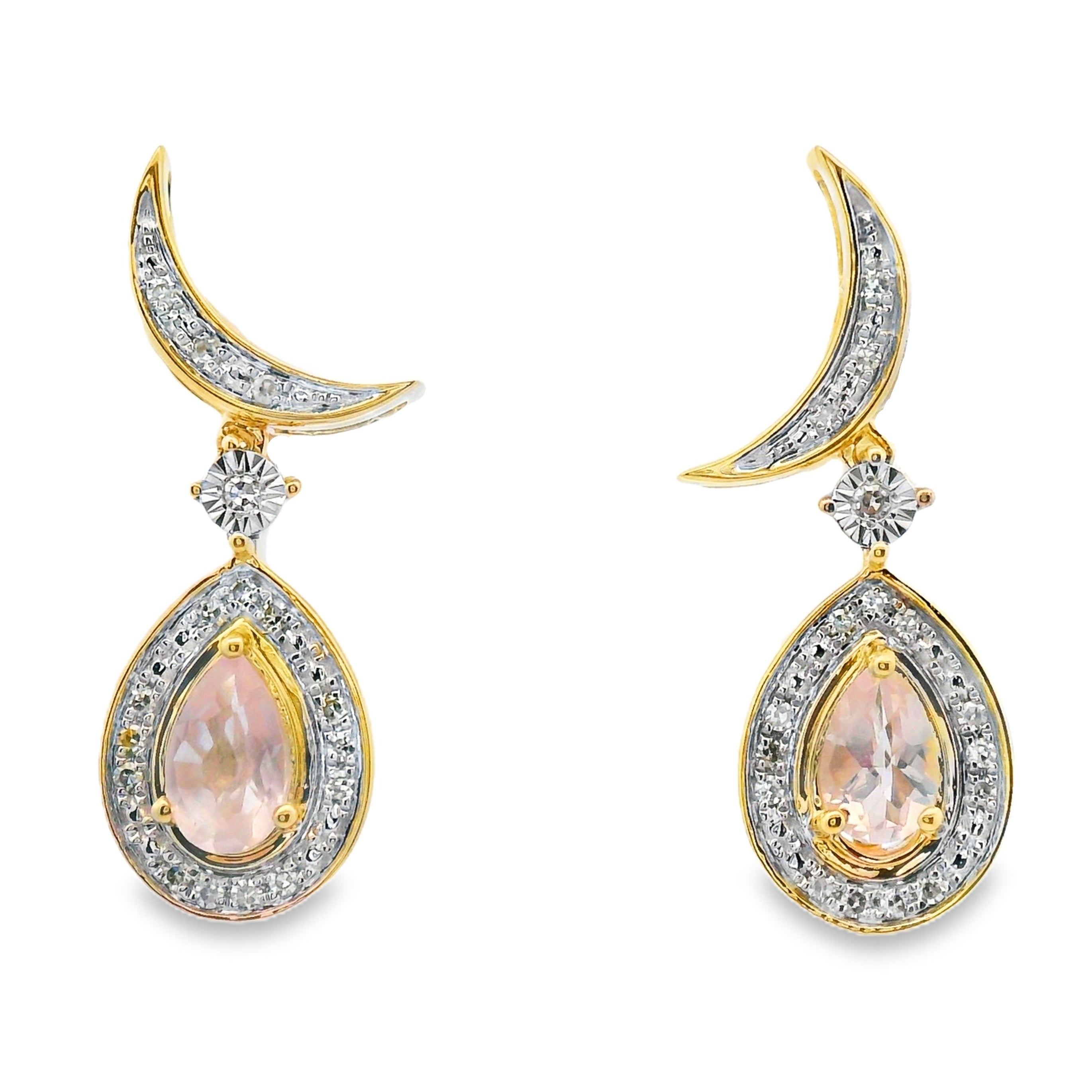 Rose Quartz Diamond Dangle Earrings 10KT Yellow Gold by Bids.com