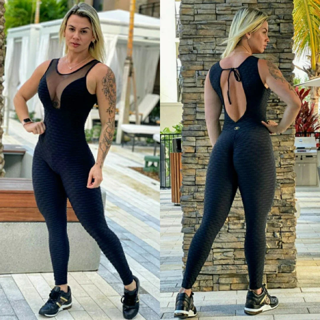 BUTT SCRUNCH CLEAVAGE BLACK TEXTURE WAVE JUMPSUIT DestGlow