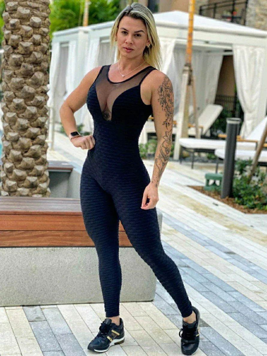 BUTT SCRUNCH CLEAVAGE BLACK TEXTURE WAVE JUMPSUIT DestGlow