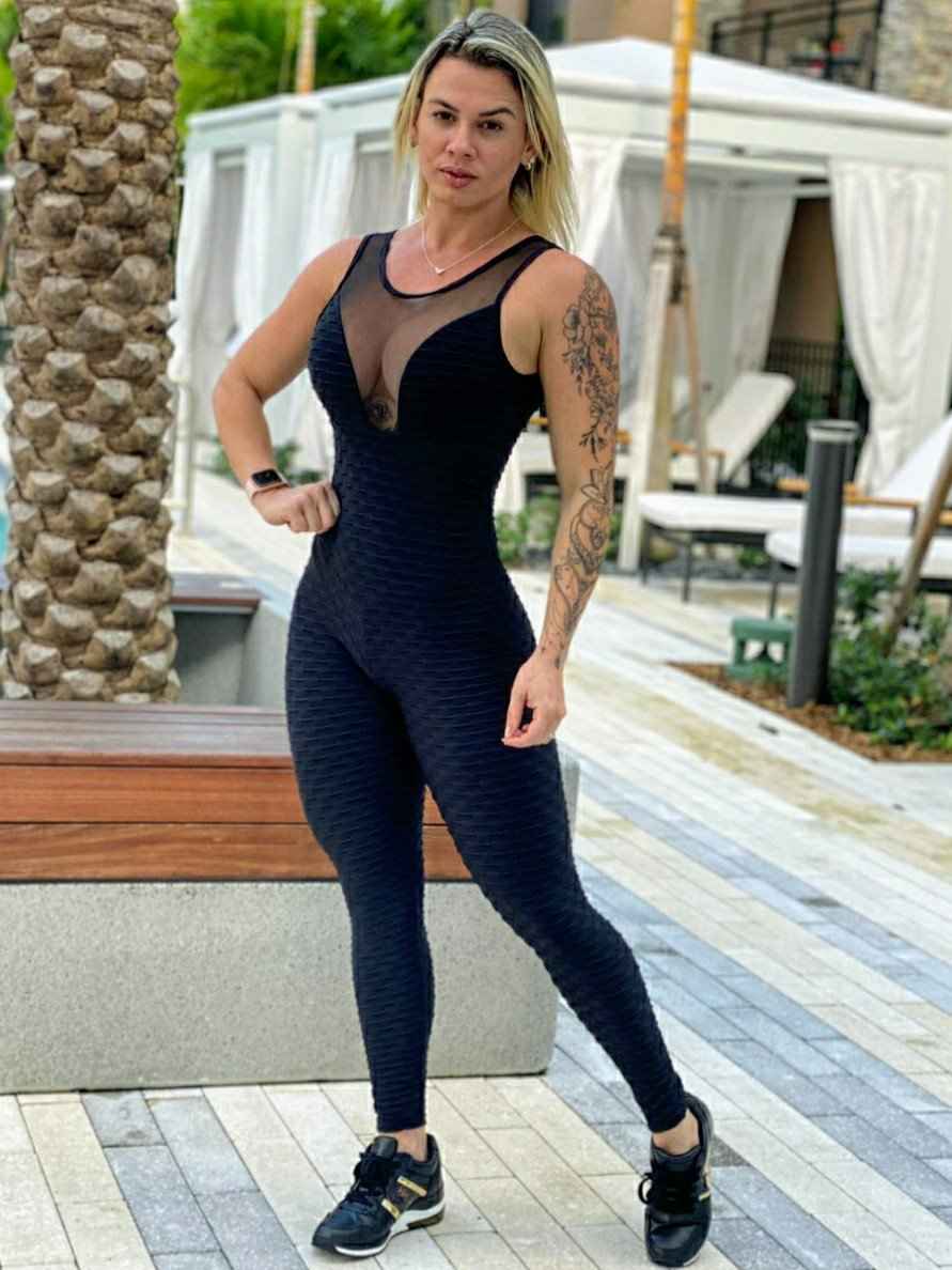 BUTT SCRUNCH CLEAVAGE BLACK TEXTURE WAVE JUMPSUIT