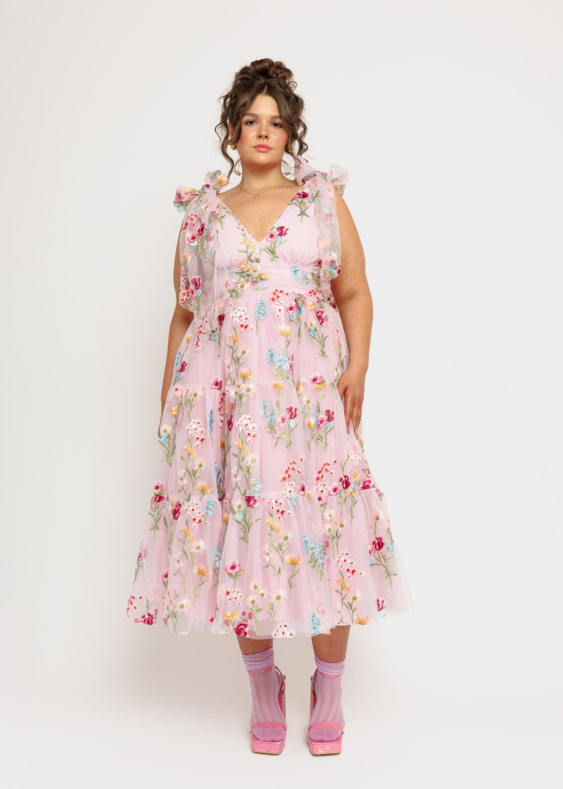 Margaret Floral Embroidered Midi Dress Pink by JessaKae