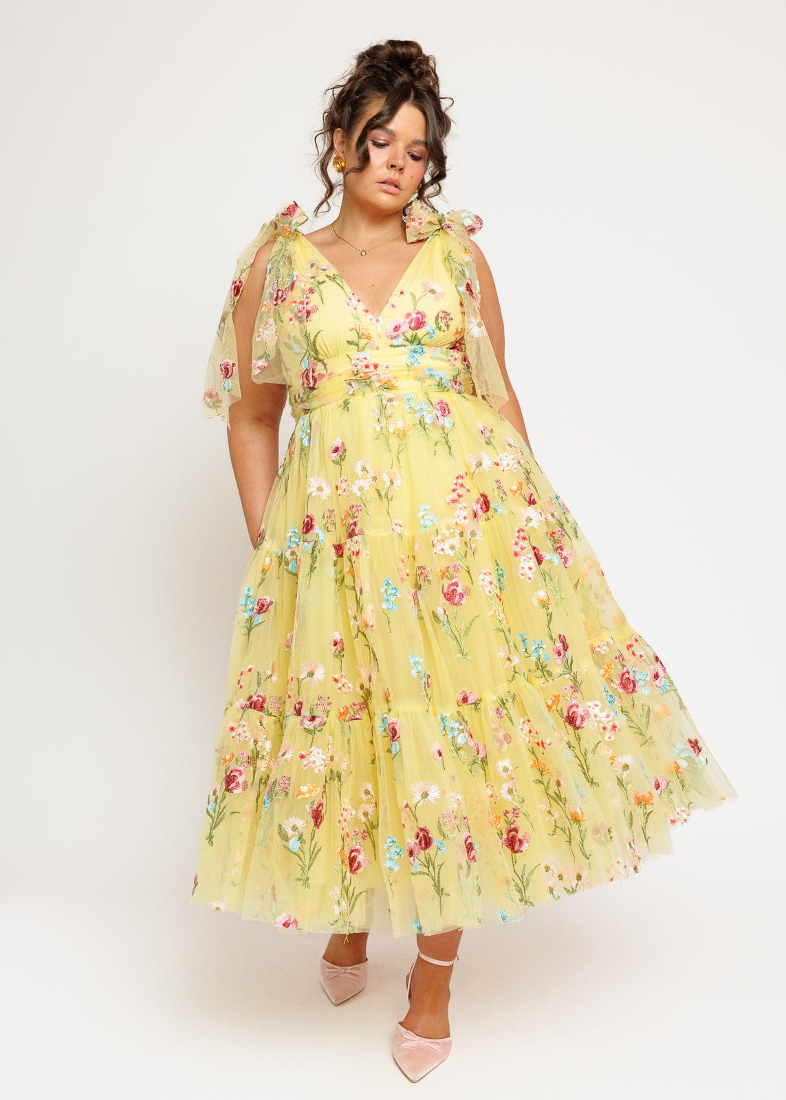 Margaret Floral Embroidered Midi Dress Yellow by JessaKae
