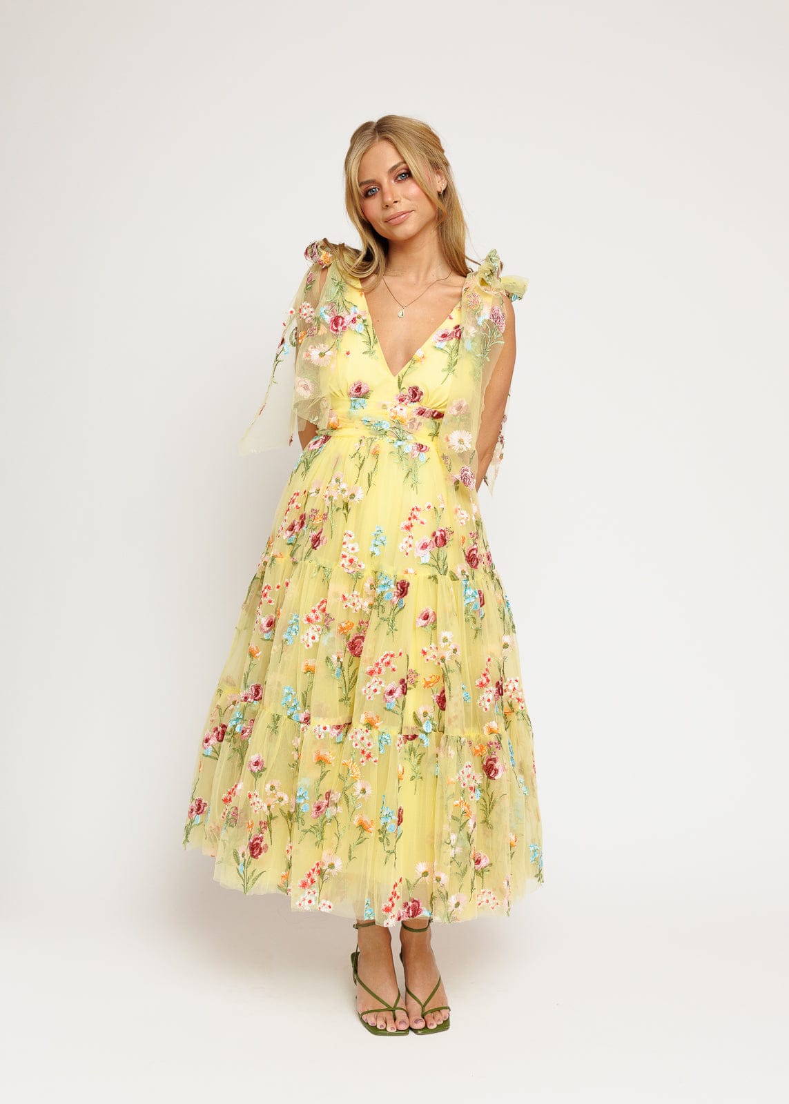 Margaret Floral Embroidered Midi Dress Yellow by JessaKae