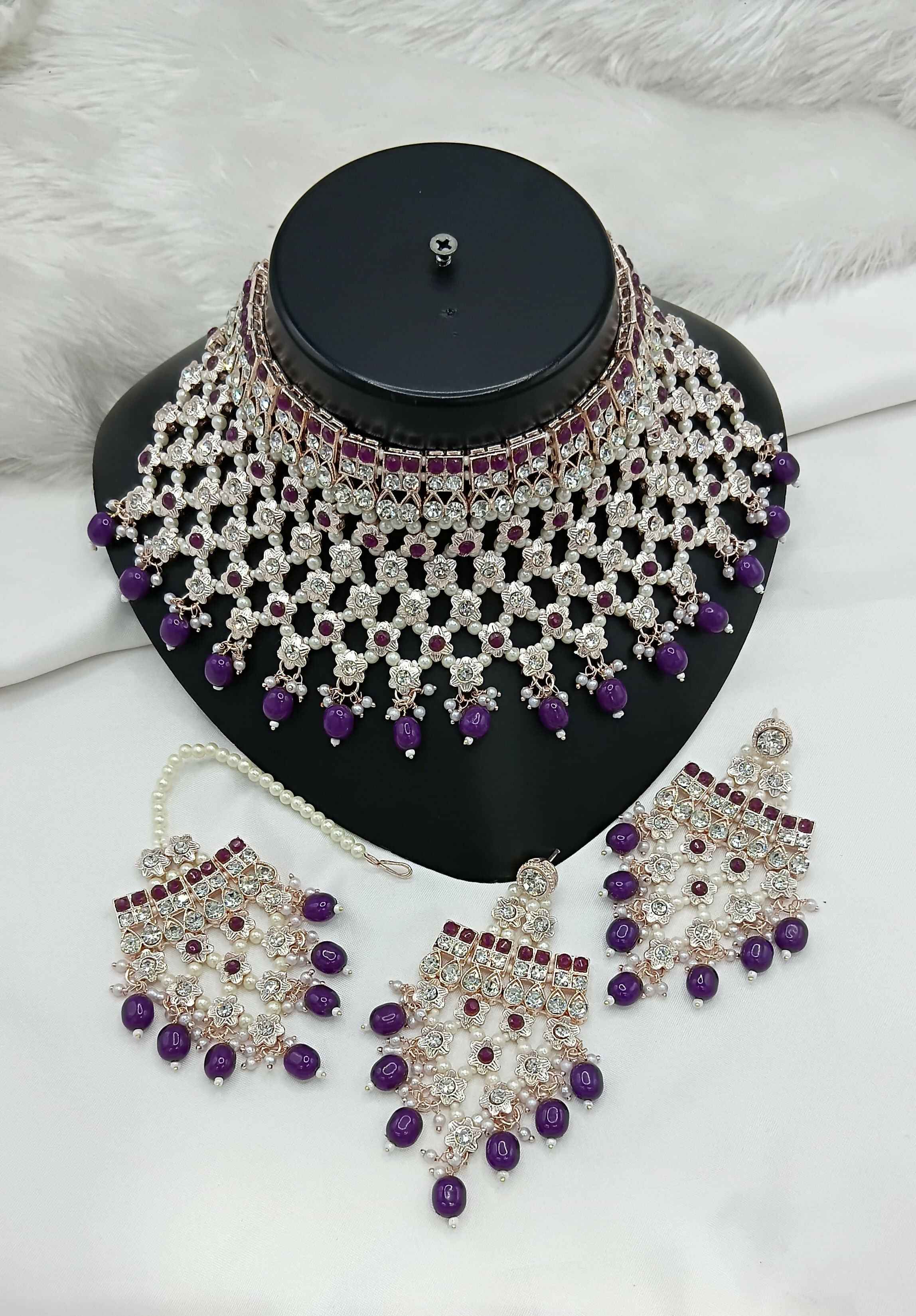 Joban Fashion Purple Stone Work With Pearl Work Necklace Set