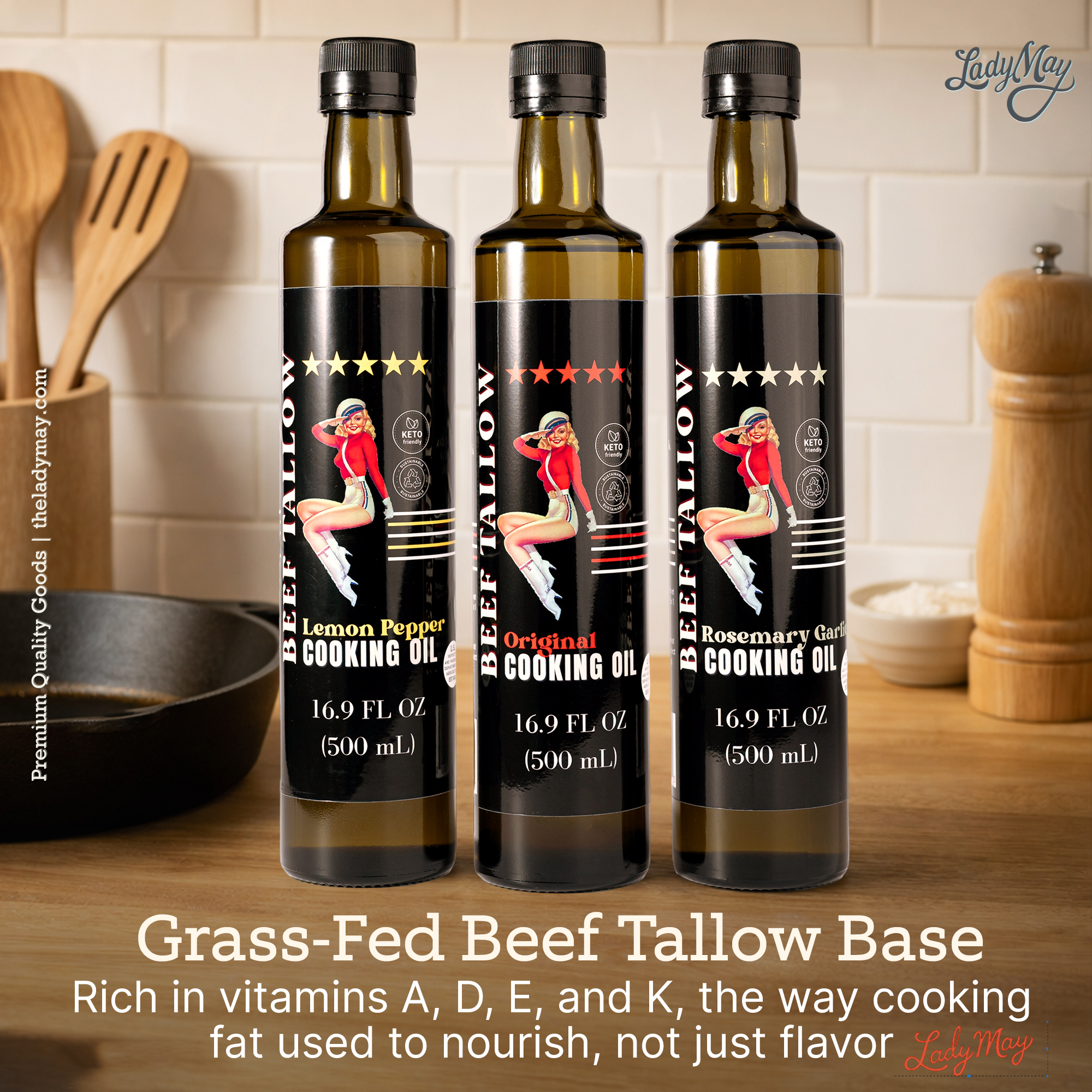 Cooking Oil Trio Bundle | Grass-Fed Beef Tallow & Olive Oil | Original, Rosemary Garlic & Lemon Pepper | Clean High-Heat Cooking from Our Restaurant Kitchen by The Lady May