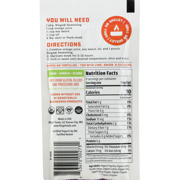 Riega Taco Seasoning, Organic, Carne Asada, Steak