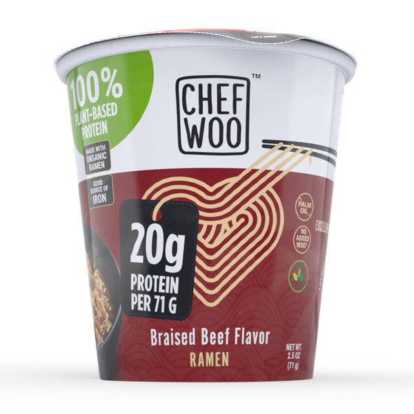 Chef Woo Braised Beef Ramen Cup Noodle, 20g Protein