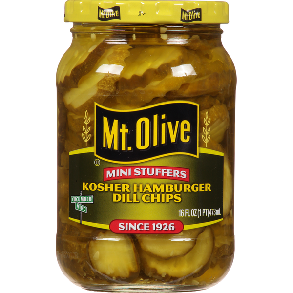 Mt. Olive Pickles, Kosher Hamburger Dill Chips, Mini Stuffers