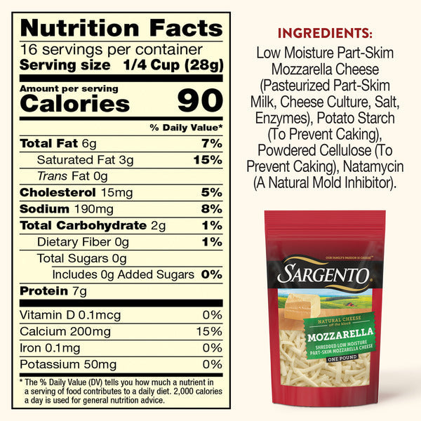 Sargento Natural Mozzarella Shredded Cheese, Traditional Cut, 16 oz