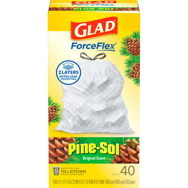 Glad ForceFlex Tall Kitchen Drawstring Trash Bags, 13 Gallon, Pine-Sol Original Scent