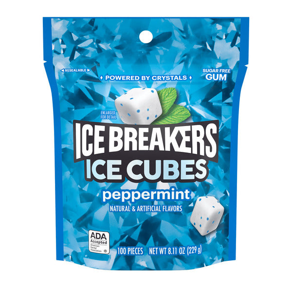 ICE BREAKERS Ice Cubes Peppermint Flavored Sugar Free Chewing Gum Pouch, 8.11 oz (100 Pieces)