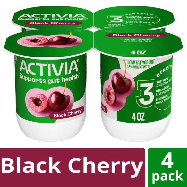 Activia Black Cherry Probiotic Yogurt, Delicious Low Fat Yogurt Cups to Help Support Gut Health, 4 oz, 4 Count
