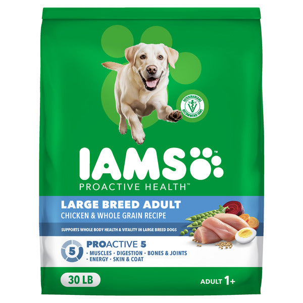 IAMS Proactive Health Large Breed Adult Dry Dog Food Chicken & Whole Grain Recipe, 30 lb. Bag DestGlow