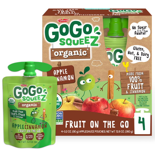 GoGo Squeez Apple Sauce, Organic, Fruit On The Go, Apple Cinnamon, 4 Pack