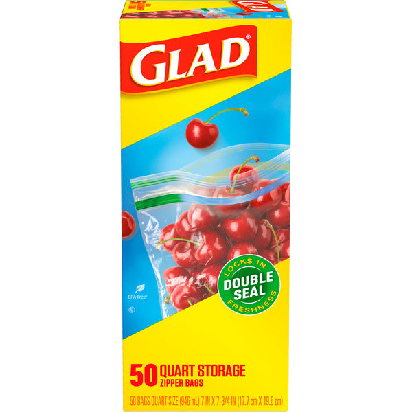 Glad Zipper Food Storage Plastic Bags, Quart