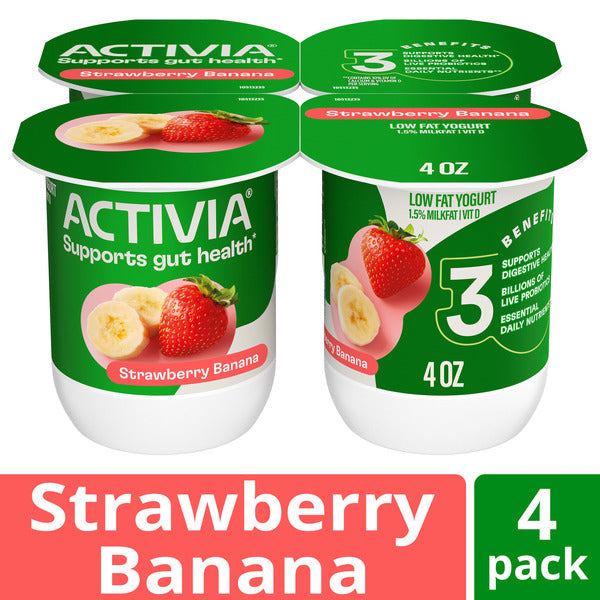 Activia Strawberry Banana Probiotic Yogurt, Delicious Low Fat Yogurt Cups to Help Support Gut Health, 4 oz, 4 Count