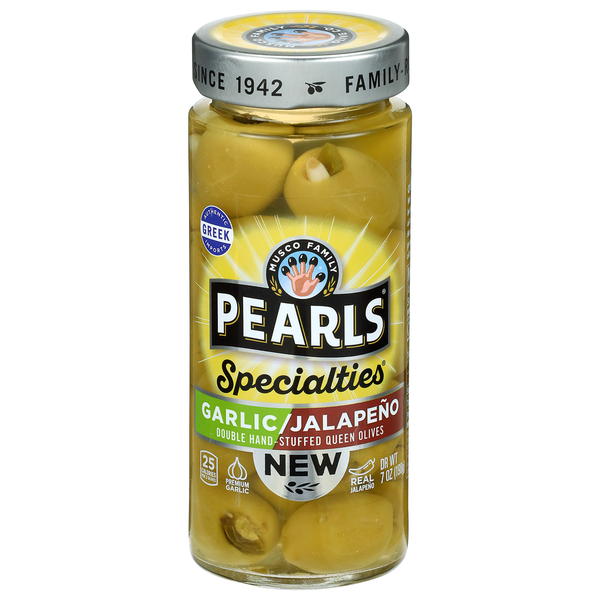 Pearls Greek Double Hand-Stuffed Garlic/Jalapeno Queen Olives