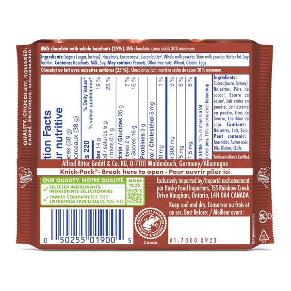 Ritter Sport Milk Chocolate Candy Bar with Crunchy Whole Hazelnuts
